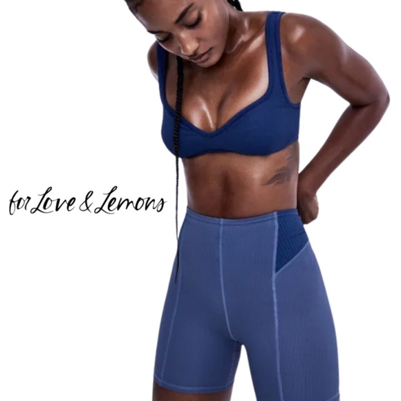 FOR LOVE AND LEMONS Dani Ribbed Bralettte and Biker Short Set - Blue - Medium - Picture 1 of 12